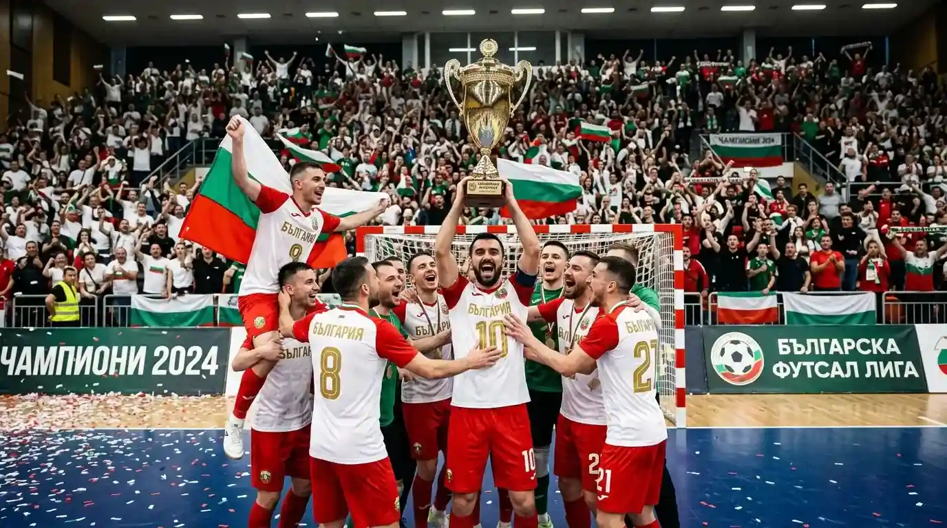 Български футзал отбор празнува шампионска титла