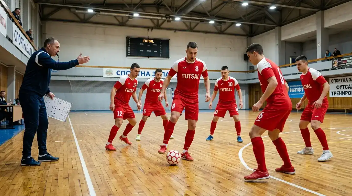 Български футзал отбор по време на тренировка в спортна зала