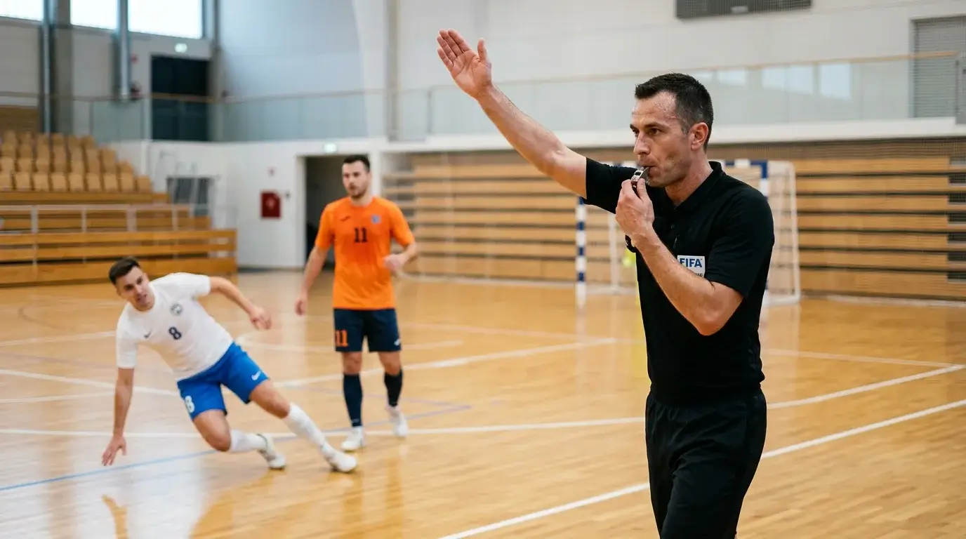 Футзал съдия със свирка сигнализира натрупан фал на отбор