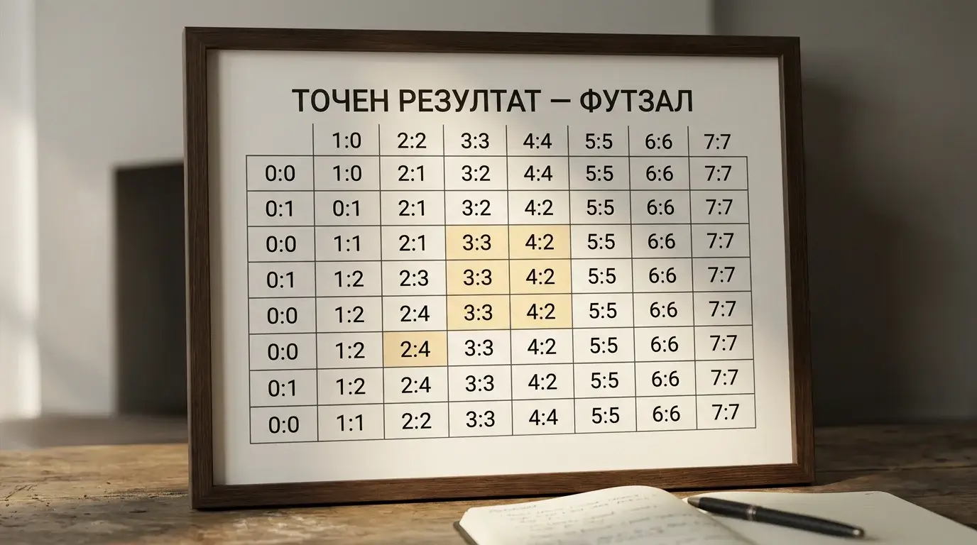 Таблица с реалистични варианти за точен резултат при футзал мач