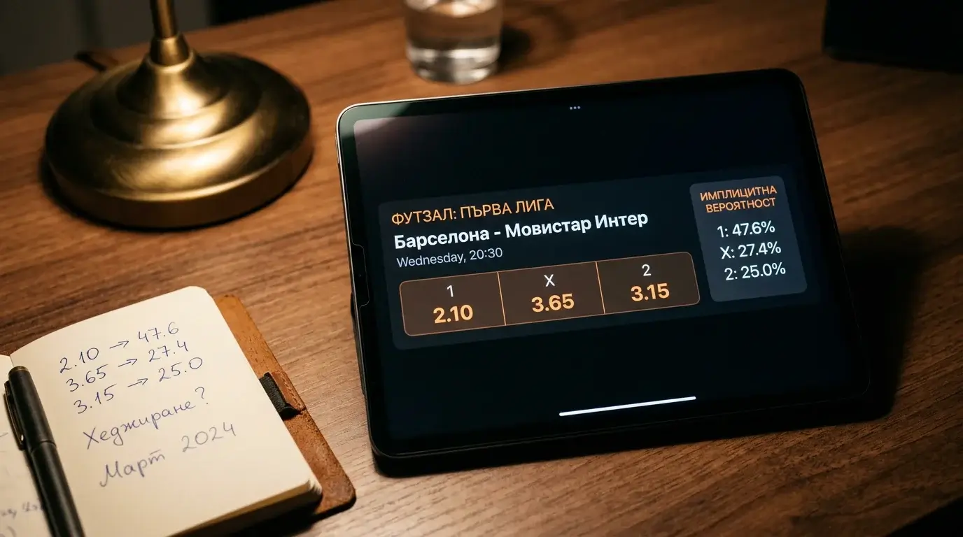 Дисплей с футзал коефициенти и пресметната имплицитна вероятност