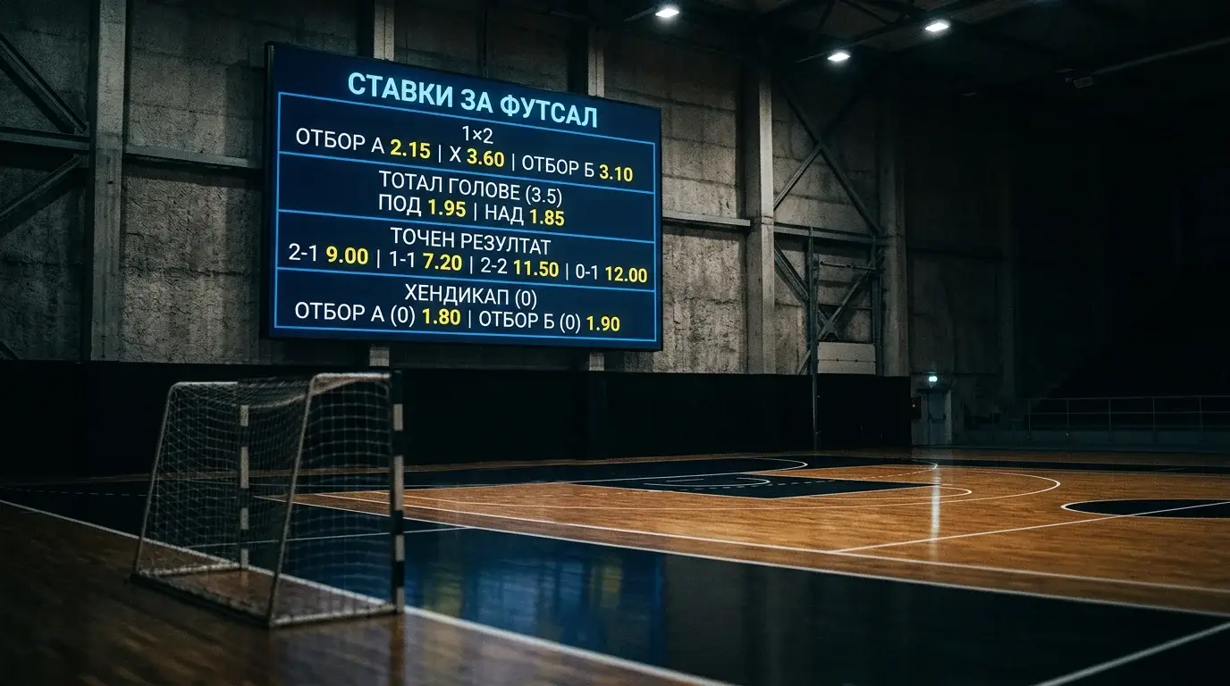 Информационно табло с маркети за футзал залози — 1×2, тотал голове, точен резултат и хендикап