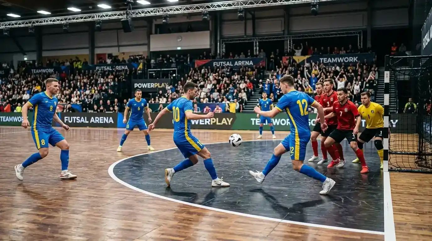 Футзал отбор изпълнява powerplay 5x4 атака с координирано движение в нападение