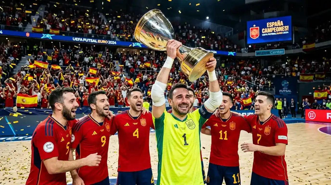 Испанският футзал отбор вдига трофея на UEFA Euro 2026