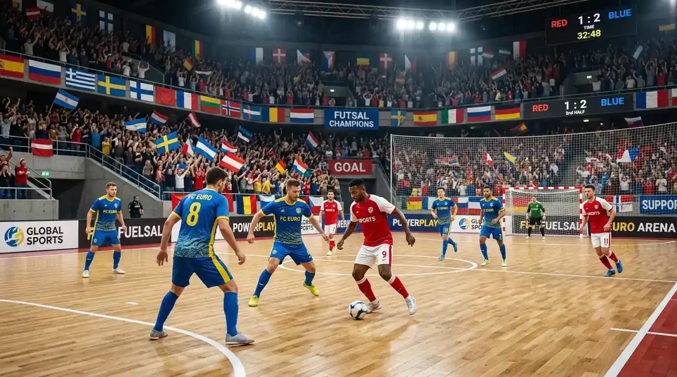 UEFA Futsal Euro арена с национални знамена и игрално поле