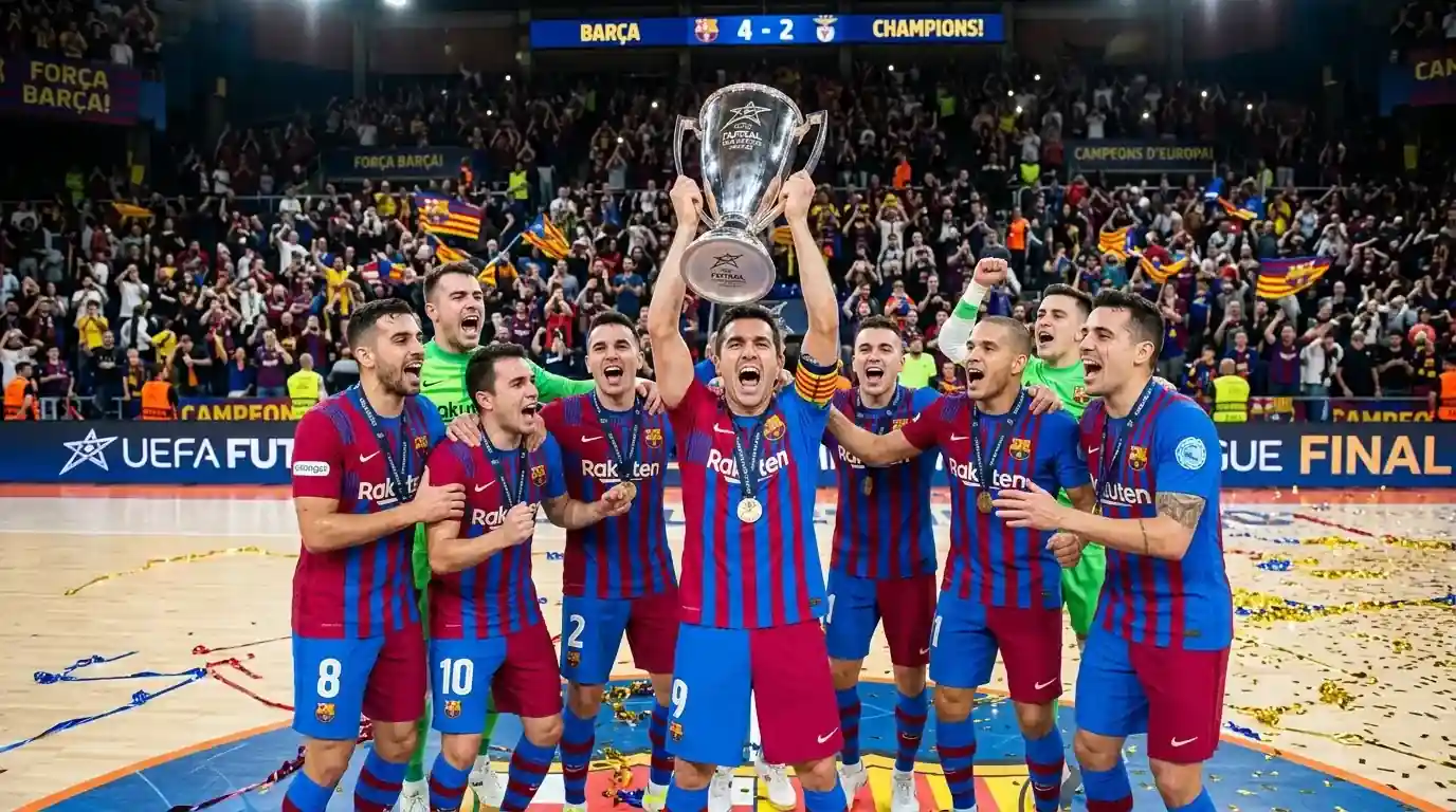 Клубен футзал шампион вдига европейския трофей